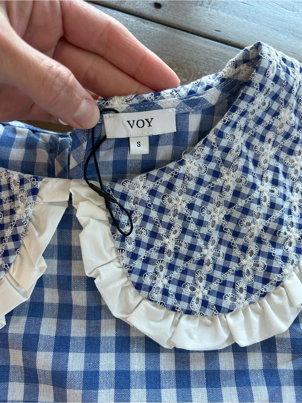 VOY Boutique Blue Gingham Checkered Collared Puff Sleeve Blouse S - Picture 4 of 8